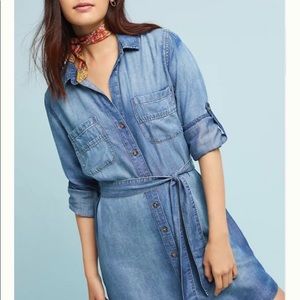 Anthropologie Cloth & Stone Blue Chambray Belted Shirt Dress Size: M Tencel, EUC